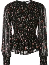 Ganni Floral Print Smocked Blouse In Black