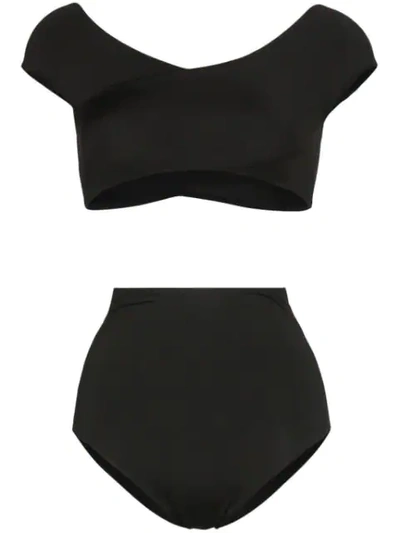 Alessandra Rich Cap Sleeve High-waisted Bikini Set In Black