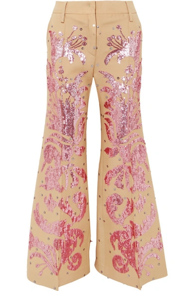 Valentino Sequined Wool And Silk-blend Flared Pants In Beige