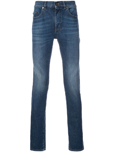 Saint Laurent Slim-leg Logo-embroidered Jeans In Used 70's Blue
