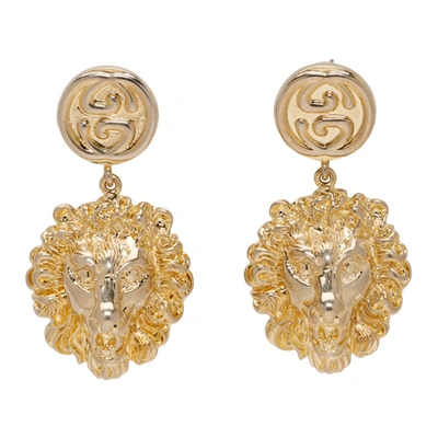 Gucci Gold Tone Lion Head Earrings In 0720 Oro