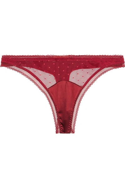 Stella Mccartney Kate Cuddling Tulle-trimmed Stretch-silk Satin Thong In Claret