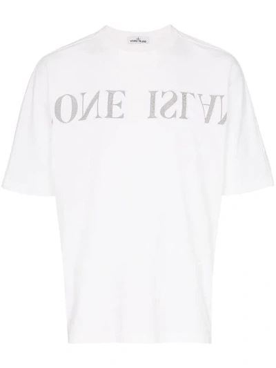 Stone Island Upside Down Logo Embroidered Cotton T-shirt In White