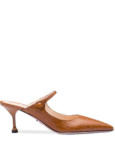 Prada Croc-embossed Mary Jane Mules In Tan