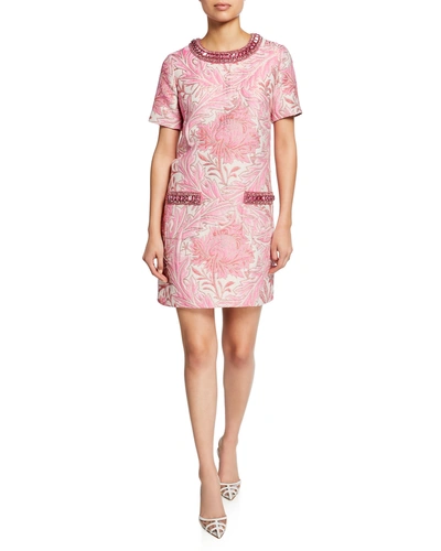 Andrew Gn Short-sleeve Jacquard Shift Dress In Pink Pattern