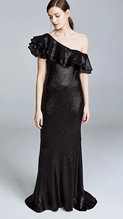Rachel Zoe Jaz One-shoulder Ruffled Sequin Gown In Black