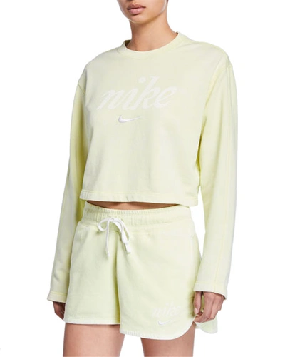 Nike Nsw Long-sleeve Cropped Logo Sweatshirt, Green In Luminous Green/white