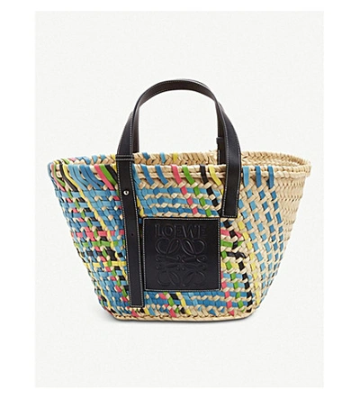 Loewe Raffia And Leather Basket Bag In Blue Multitone/black