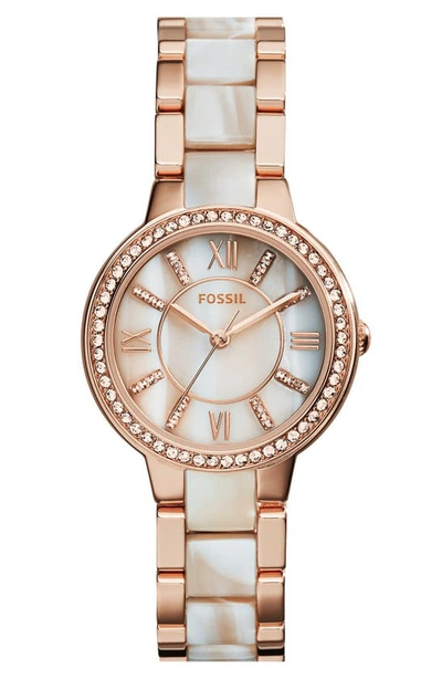 Fossil Women's Virginia Shimmer Horn And Rose Gold-tone Stainless Steel Bracelet Watch 30mm Es3716 In Horn/ Rose Gold