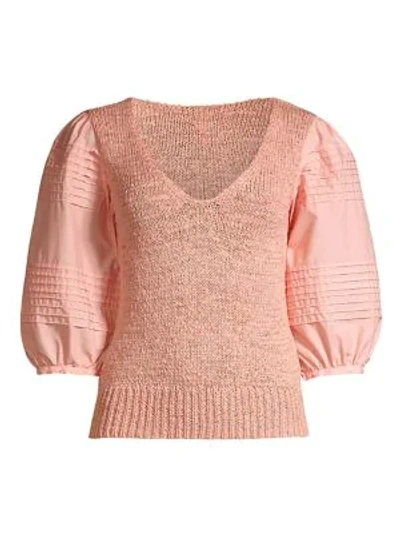 Rebecca Taylor Poplin Sleeve Sweater In Tawny Peach
