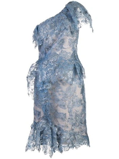 Marchesa One0-shoulder Lace Cocktail Dress In Blue