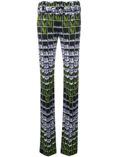Prada Organza Flower Print Belted Trousers In Black