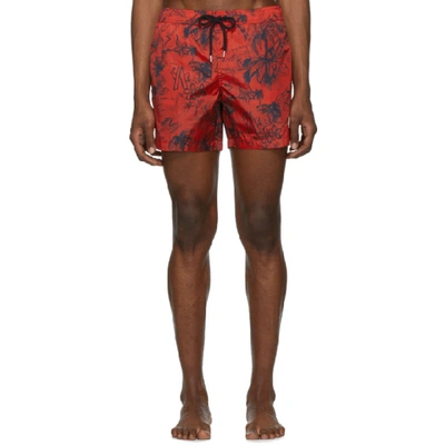 Moncler Scribble Tropical Print Swim Shorts In Red