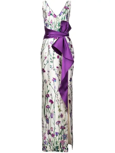 Marchesa Notte Floral Bow Dress In White