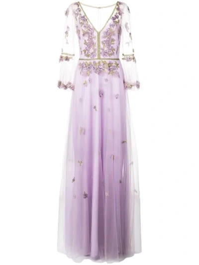 Marchesa Notte Floral Applique Evening Dress In Purple