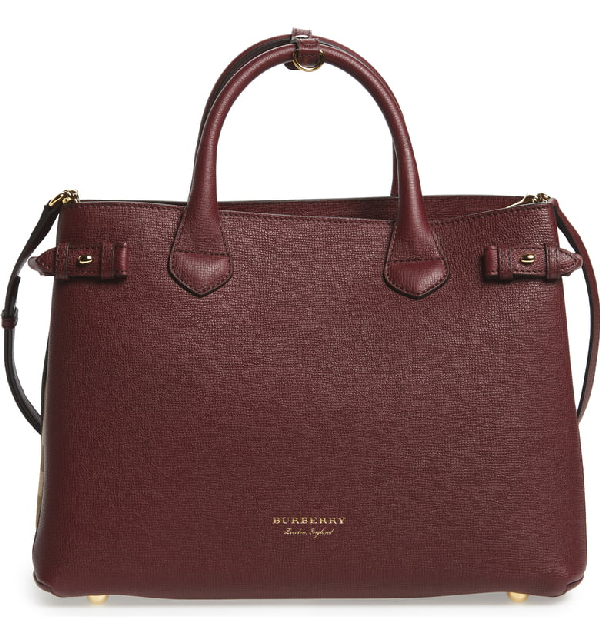 Burberry Medium Banner House Check Leather Tote In Mahogony Red