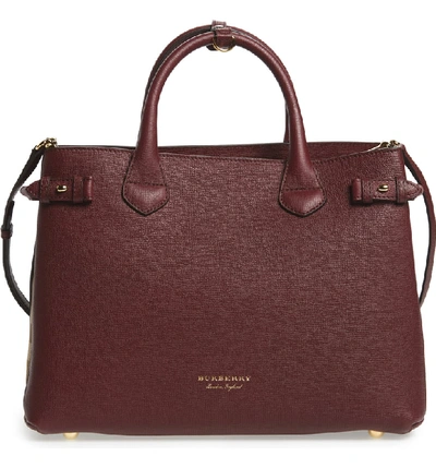 Burberry Medium Banner House Check Leather Tote In Mahogony Red