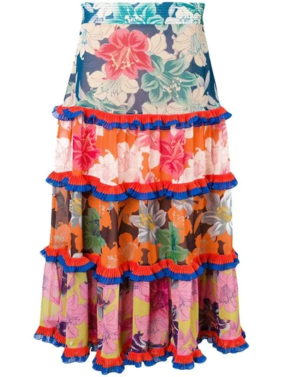 Etro Floral Tiered Ruffle Skirt In Orange