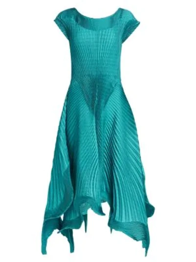Issey Miyake Pleated Petal Georgette A-line Dress In Turquoise Blue