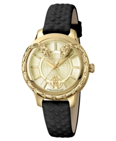 Roberto Cavalli By Franck Muller Women's Swiss Quartz Black Calfskin Leather Strap Gold Dial Watch, 34mm