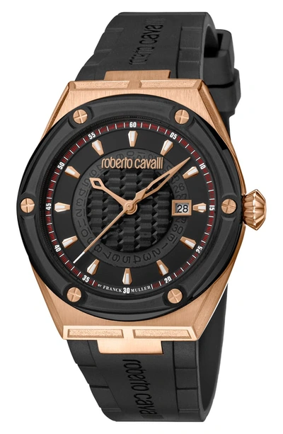 Roberto Cavalli By Franck Muller Men's Swiss Quartz Rose Gold Case Black Rubber Strap Watch, 45mm In Black/ Rose Gold