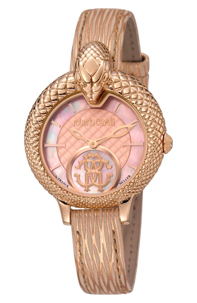 Roberto Cavalli By Franck Muller Women's Swiss Quartz Metallic Rose Calfskin Leather Strap Watch, 34mm In Rose Gold