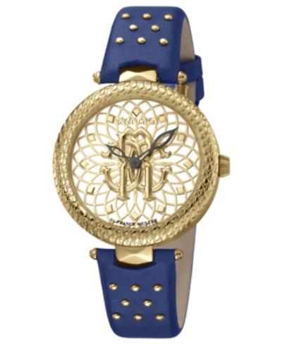 Roberto Cavalli By Franck Muller Women's Swiss Quartz Blue Calfskin Leather Strap Gold Dial Watch, 34mm
