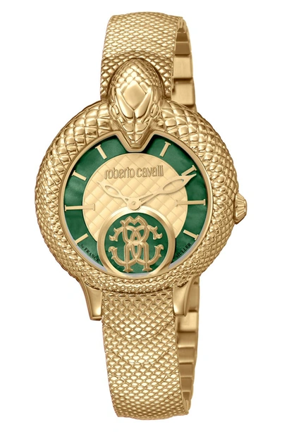Roberto Cavalli By Franck Muller Women's Swiss Quartz Gold-tone Stainless Steel Bracelet Watch, 34mm In Gold/ Green