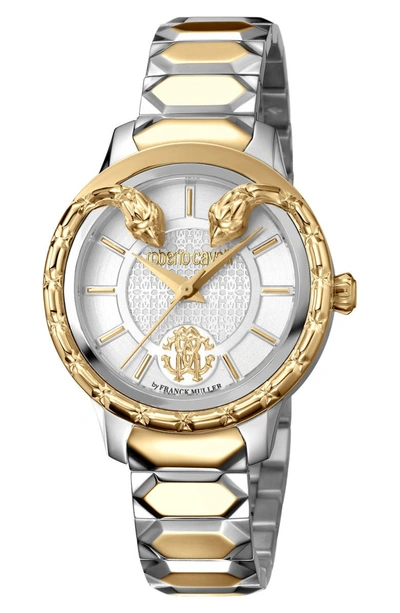 Roberto Cavalli By Franck Muller Women's Swiss Quartz Silver Dial Two-tone Gold Stainless Steel Bracelet Watch, 34mm In Gold/ Silver