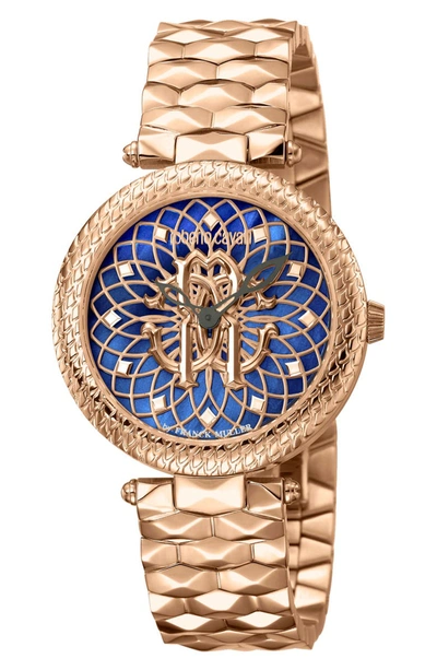 Roberto Cavalli By Franck Muller Women's Swiss Quartz Rose-tone Stainless Steel Bracelet Blue Dial Watch, 34mm In Rose Gold/ Blue