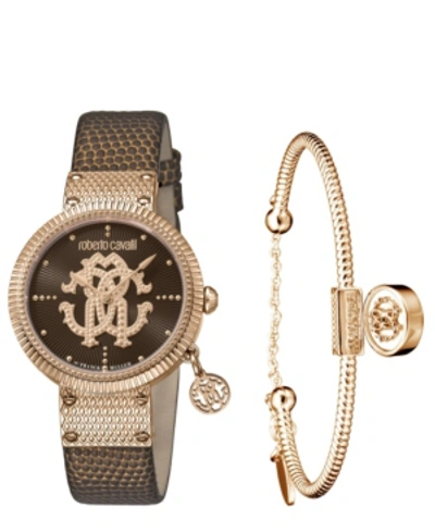 Roberto Cavalli By Franck Muller Women's Swiss Quartz Brown Calfskin Leather Strap Watch & Bracelet Gift Set, 34mm
