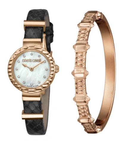 Roberto Cavalli By Franck Muller Women's Diamond Swiss Quartz Black Leather Strap Watch & Bracelet Gift Set, 26mm