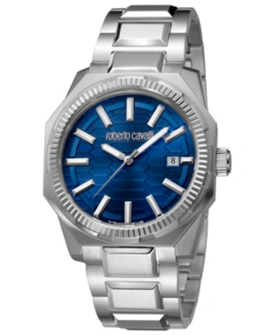 Roberto Cavalli By Franck Muller Men's Swiss Date Blue Dial Silver Bracelet Watch, 40mm