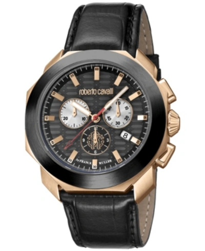 Roberto Cavalli By Franck Muller Men's Rose Gold Swiss Chronograph Black Calfskin Leather Strap Watch, 44mm