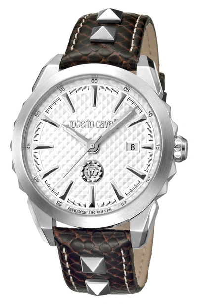 Roberto Cavalli By Franck Muller Men's Swiss Quartz Brown Calfskin Leather Strap Watch, 42mm In Brown/ Silver