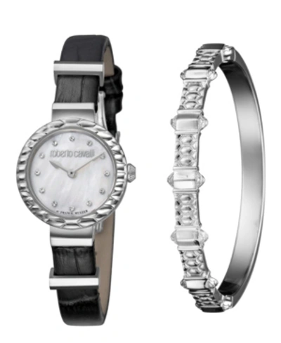Roberto Cavalli By Franck Muller Women's Diamond Swiss Quartz Black Calfskin Leather Strap Watch & Bracelet Gift Set In Black/ White Mop/ Silver