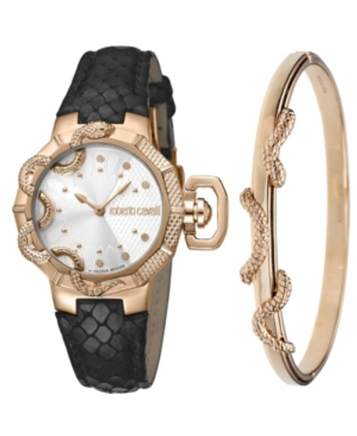 Roberto Cavalli By Franck Muller Women's Swiss Quartz Rose Gold Black Calfskin Leather Strap Watch & Bracelet Gift S