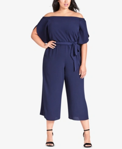 City Chic Plus Size Cropped Off-the-shoulder Jumpsuit In Navy