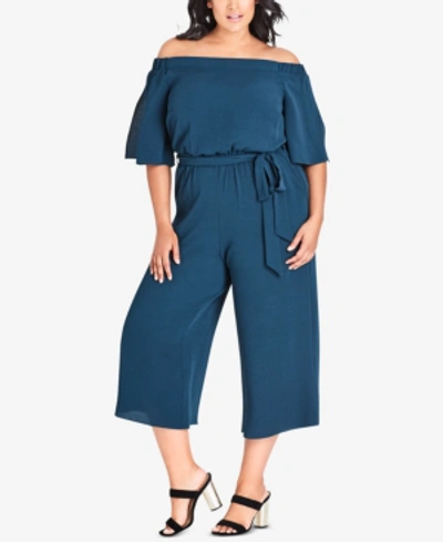 City Chic Plus Size Cropped Off-the-shoulder Jumpsuit In Jade