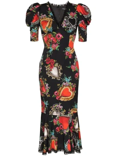 Dolce & Gabbana Midi Dress In Heart And Rose Print Silk In Hnbb3 Multicoloured