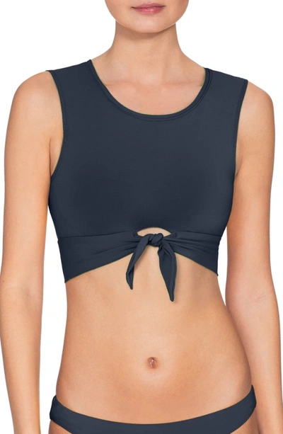 Robin Piccone Ava Longline Knot Front Bikini Top In Navy