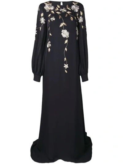 Oscar De La Renta Floral Embroidered Maxi Dress In Black