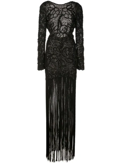 Oscar De La Renta Sparkly Mesh Fringed Dress In Black