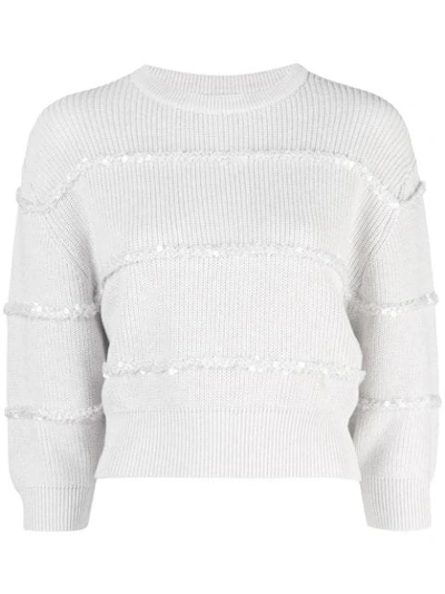 Brunello Cucinelli Cropped Sequin Stripe Sweater In White