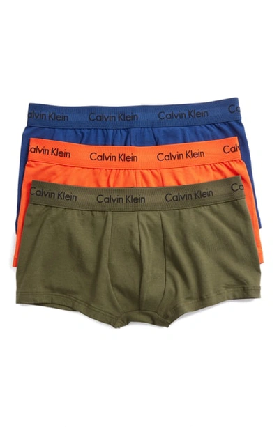 Calvin Klein 3-pack Stretch Cotton Low Rise Trunks In Green/ Dark Night/ Orange