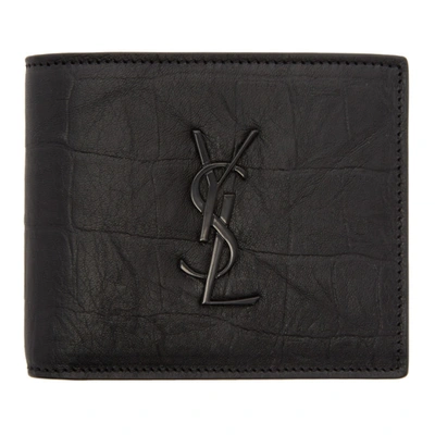 Saint Laurent Monogram Crocodile-effect Bi-fold Leather Wallet In Black