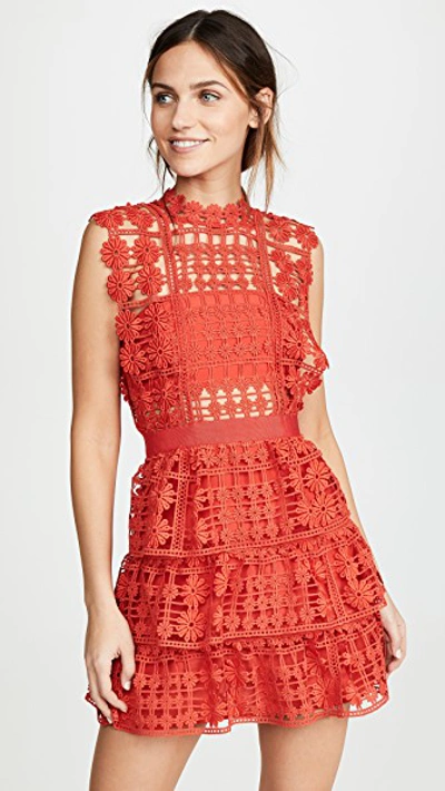 Self-portrait Red Floral Lattice Lace Dress In Bright Red