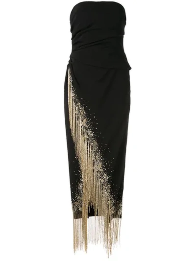 Oscar De La Renta Strapless Fringed-slit Gown In Black