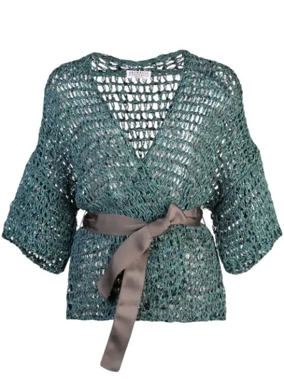 Brunello Cucinelli Belted Sequin-embellished Open-knit Cardigan In Petrol