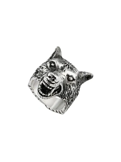 Gucci Anger Forest Wolf Head Ring In Silver In 925 Sterling Silver